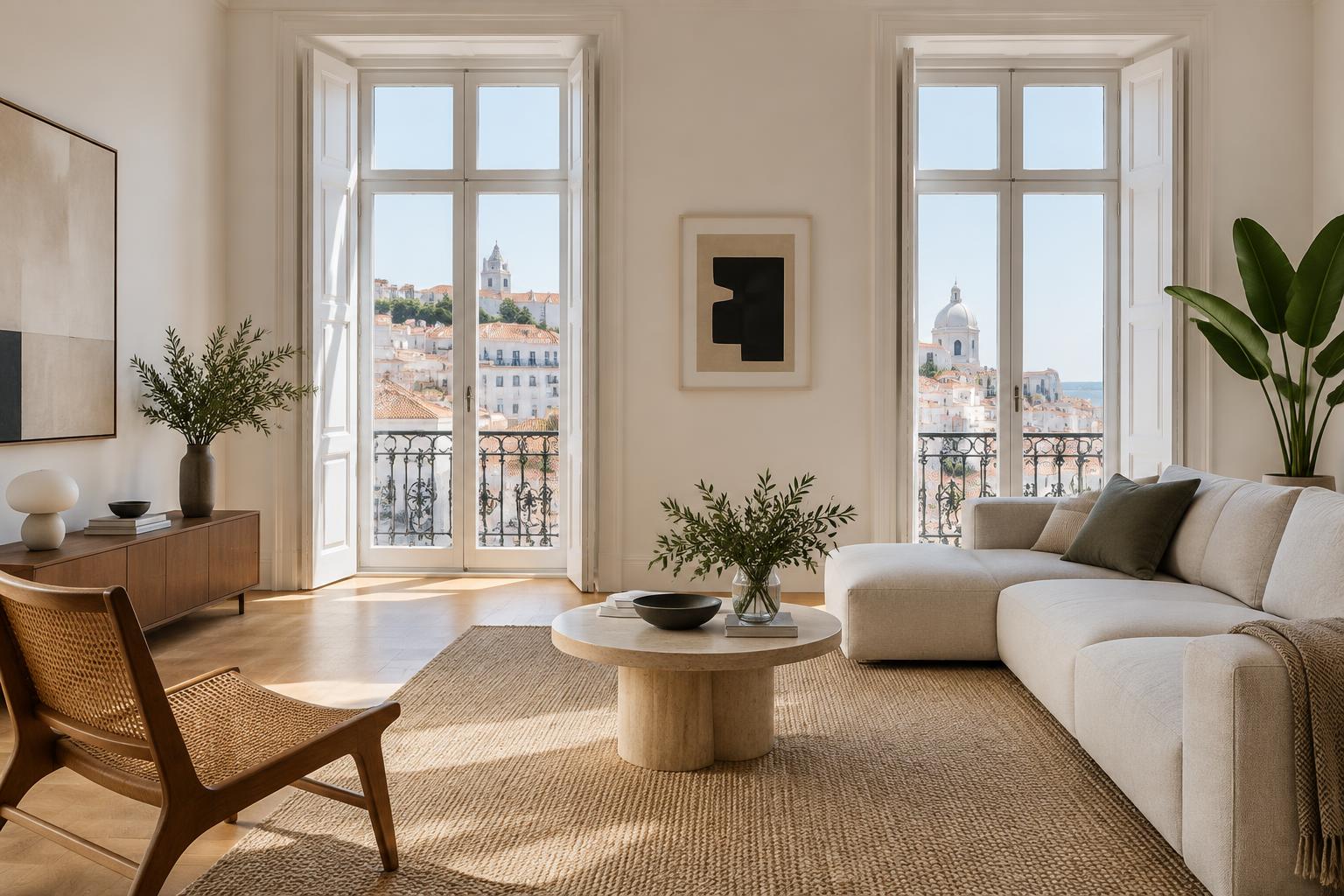 Sala luminosa de um apartamento em Lisboa com vista sobre a cidade